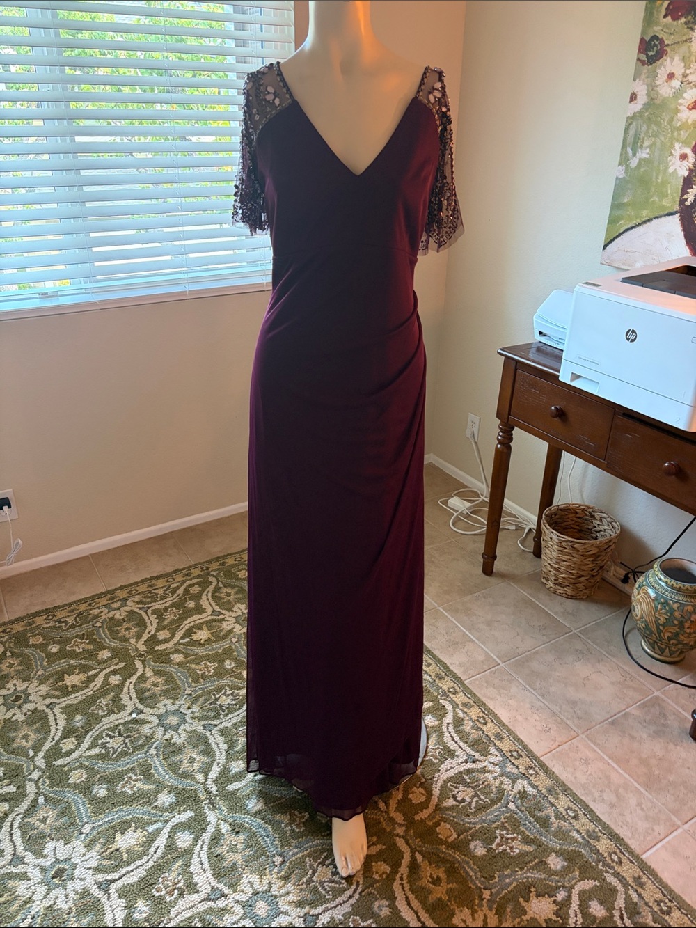 Xscape Burgundy Lace-Shoulder Maxi Dress
